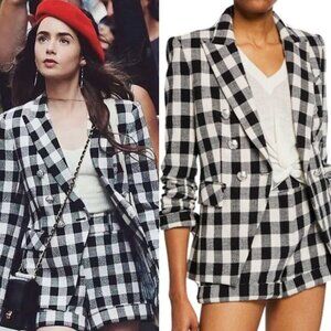 Veronica Beard Miller Dickey Tweed Blazer Black White Gingham Double Breast Sz 0